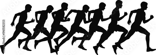 Black silhouettes of running motion sequence showing athlete stride, fitness, exercise, sports training, jogging, dynamic movement, speed, health vector illustration design