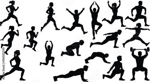 Dynamic silhouettes of athletes performing diverse fitness exercises including running, jumping, stretching, squatting, planking, push‑ups, and weightlifting actions
