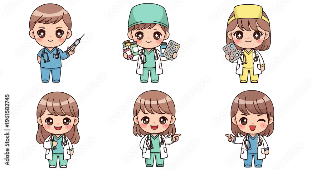 Obraz premium Adorable chibi-style doctor characters in various poses and expressions, ideal for medical apps, children’s content, and healthcare illustrations.