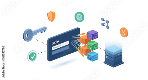 Isometric Login Process - Secure Access and Data Encryption Illustration.