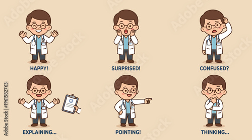 A simple and adorable cartoon doctor character showing different emotions and gestures, suitable for UI, apps, and educational materials.