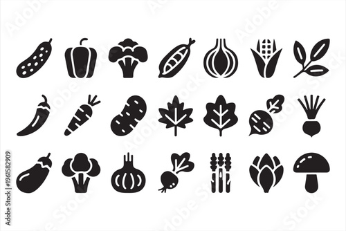 Vegetable Icon Set with Organic Food and Farm Produce Symbols