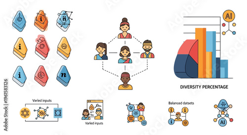 A diverse group of people discussing artificial intelligence and its hazardous impacts on various industries and culture with intelligence graphs.