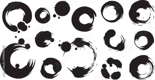 Abstract Ink Brush Strokes Enso Circles Grunge Design Elements Vector Set
