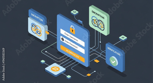 Isometric Illustration of Secure Login Process with Blockchain Technology.