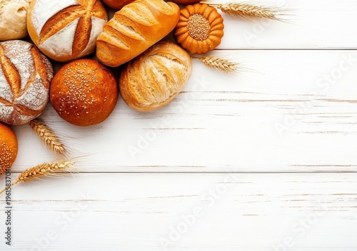 Assortment of Golden Brown Breads on White Wooden Background