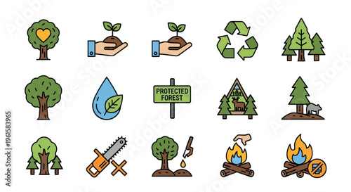 Ecology and Nature Icons: Forest, Recycling, Planting, Water Drop, Chainsaw, Fire