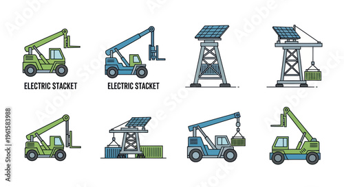 Vector Icons: Container Cranes, Forklifts, Solar Power Towers