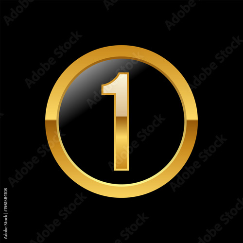 gold first place medals with number 1 . Shiny golden badges for top ranking, winner award, competition