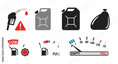 Fuel Icons: Jerrycans, Pump, Gauge, Warning Sign, Drop