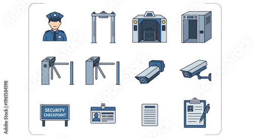 Security Checkpoint Icons: Guard, Metal Detector, Scanner, Turnstile, CCTV