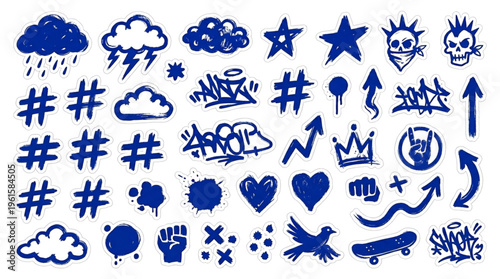 Blue Doodle Graffiti Icons Set. Hand Drawn Hashtags, Skulls, Hearts, and Arrows for Youth Social Media and Web Design.