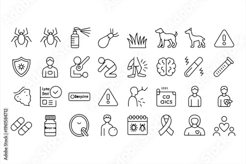 Lyme Disease Awareness Icons with Tick, Fever and Antibiotic Treatment