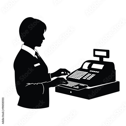 Female Cashier at Checkout with Cash Register Silhouette