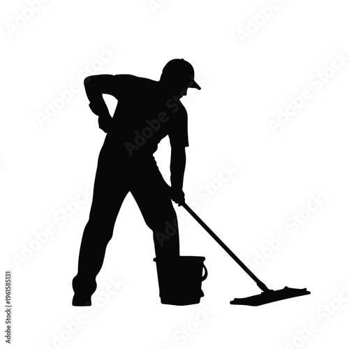 Male Cleaner Silhouette Mopping Floor with Bucket