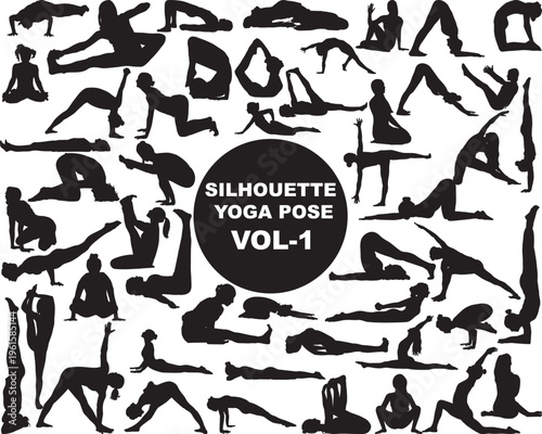 Black Silhouette Yoga Poses Collection International Yoga Day Fitness Set Vector
