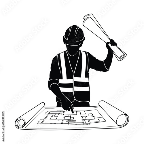 Architect or Engineer Reviewing Blueprints Silhouette