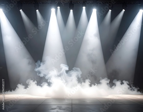 Bright stage lit dramatically from above, filled with billowing smoke