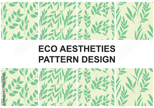 Eco Aesthetic Seamless Pattern Design Set of Four Topical Leaves Hand Drawn Repeated Silhouette Fabric Wallpaper Background Decor Vector