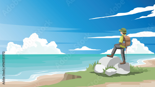 Vector illustration of a traveler with a backpack standing on rocks. Looking out at the viewpoint the vast ocean and blue sky. Representing freedom  adventure and solo travel.