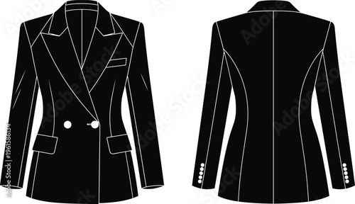Technical fashion illustration of tailored women’s double-breasted blazer with notched lapel, welt and flap pockets, princess seams, and buttoned cuffs, shown in front and back views