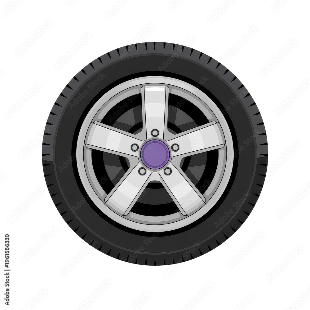 Fototapeta premium A silver alloy wheel with a black tire on a solid black background