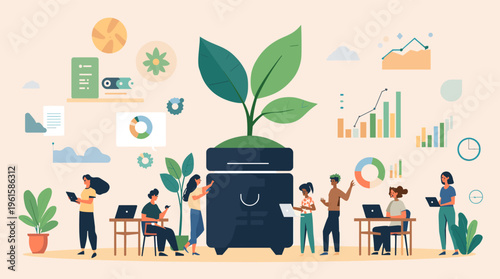 A minimalist illustration of a potted plant with large green leaves, conveying a sense of calmness and serenity, perfect for interior design or wellne