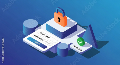 Isometric Security Verification Illustration with Padlock and Checkmark.
