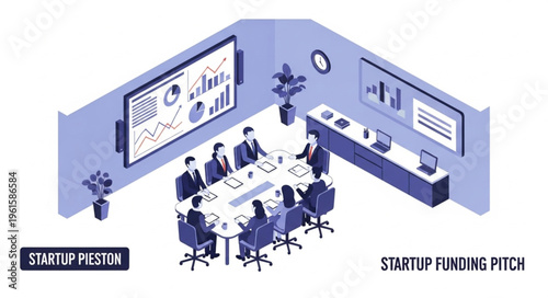 Isometric Startup Funding Pitch Meeting with Data Presentation.