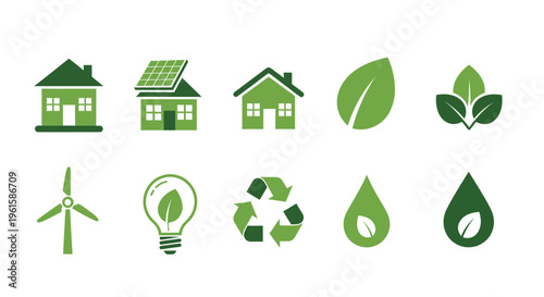 Eco-friendly Icons: Green Energy, Sustainability, Nature, and Renewable Resources Set