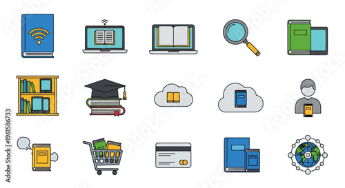 Online Education Icons Set: Books, Laptop, Graduation Cap, Cloud, Magnifying Glass, Shopping Cart