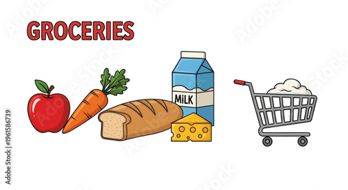 Healthy Groceries Shopping Cart with Apple, Carrot, Bread, Milk, Cheese, and Flour