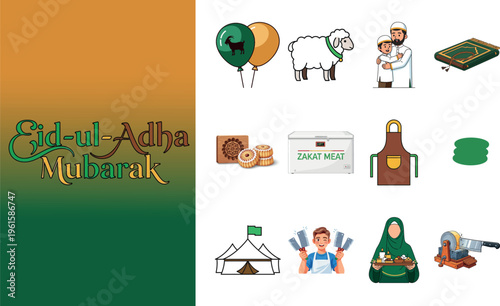 A diverse collection of colorful cartoon illustrations depicting various aspects of the Eid-ul-Adha festival, including festive symbols, family bonding, the ritual of Qurbani, and the charitable distr