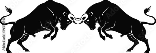 Two powerful bull silhouettes fighting with horns locked in a fierce head-to-head battle representing strength, energy, and bull market finance.