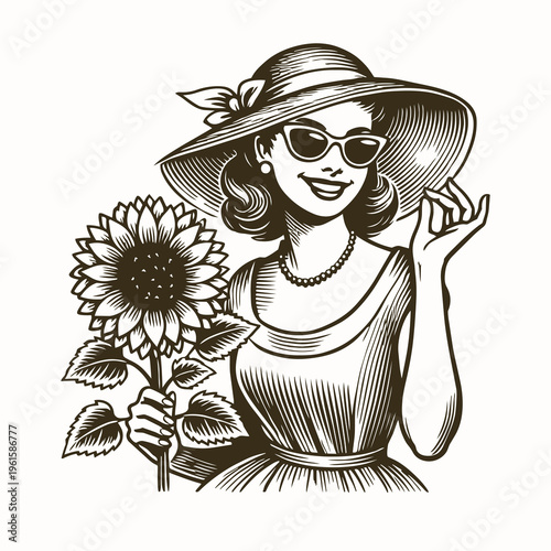 Retro Mid-Century Women Wearing Spring Dress With Sunflower Vector Illustration