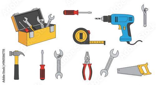 Collection of Hand Tools and Power Drill for DIY and Construction
