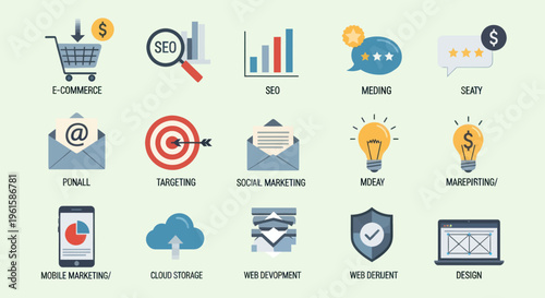 Digital Marketing Icons: SEO, E-commerce, Social Media, Web Design, Mobile, Cloud