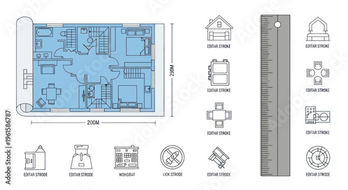 Architectural Floor Plan Blueprint with Furniture Icons and Ruler