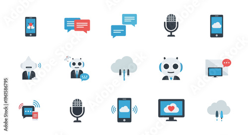 Digital Communication Icons: Chat, Voice, Cloud, Mobile, AI Robot, Email