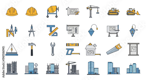 Construction and Engineering Icons Set: Tools, Buildings, Plans, Equipment, Safety Gear
