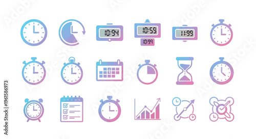 Time Management Icons: Clocks, Calendars, Stopwatch, Hourglass, Digital Displays