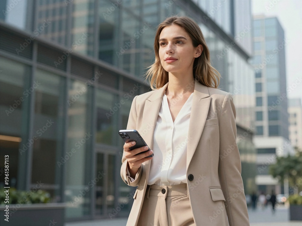 Fototapeta premium Confident businesswoman holding smartphone in modern city office district