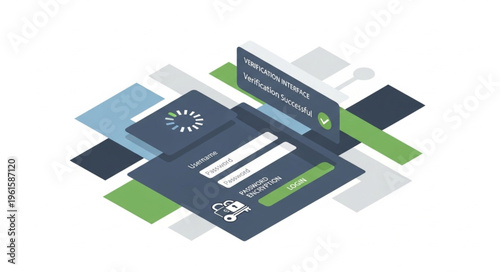 Isometric Login Interface Design with Loading Animation and Modern Elements.
