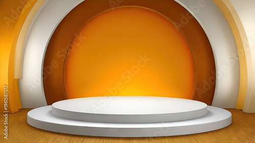 Multilevel white circular platform is set against a backdrop of warm orange and white semicircular panels