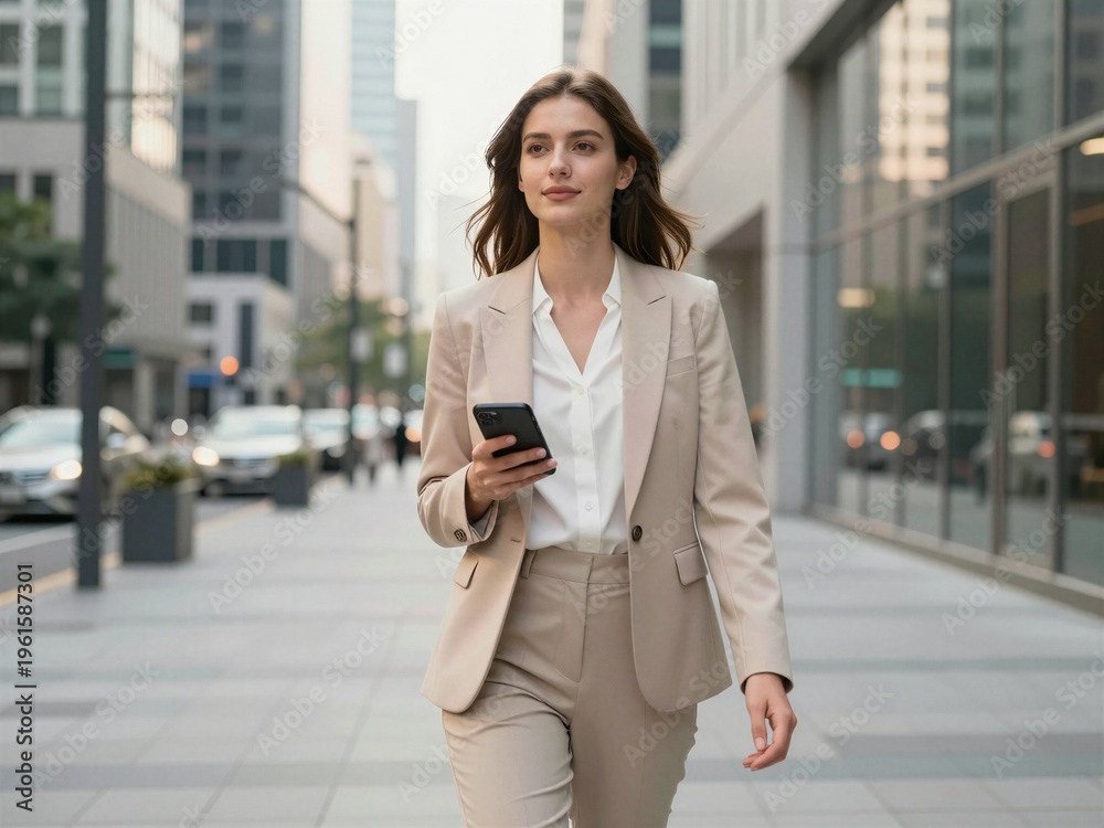 Fototapeta premium Confident businesswoman holding smartphone in modern city office district