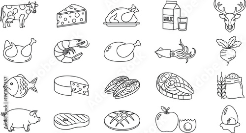 Food and Grocery Line Icon Set Featuring Meat, Seafood, Dairy, Vegetables, Bread, and Farm Products for Market and Nutrition Design