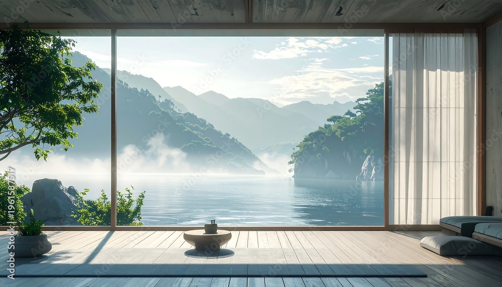 Fototapeta premium Serene room overlooking a tranquil misty lake surrounded by lush green mountains visible through a large window. Soft light & zen