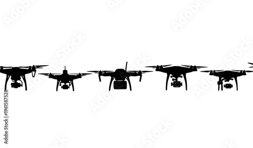 Drone silhouette side view set featuring industrial delivery and camera drones in flat vector style
