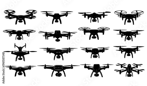 Flying drone silhouette collection with quadcopter and aerial UAV icon set in clean black vector style