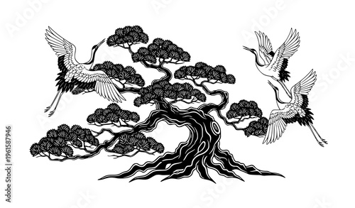Decorative Bonsai Tree and Crane Birds Japanese Art Vector Design
